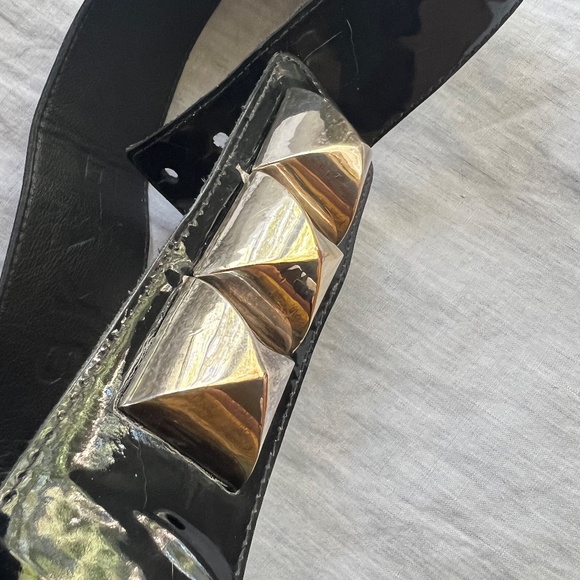 CC SKYE Silver Plated Black Patent Leather Studded Belt